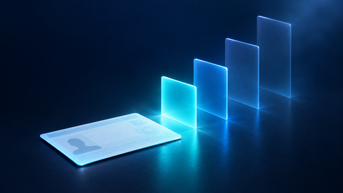 A blank pale blue and white national identity card lying flat on a dark navy desk, with four translucent glowing panels rising to its right as an ascending staircase of increasing height, the nearest bright teal and the farthest dim, representing Bitfinex's four verification levels