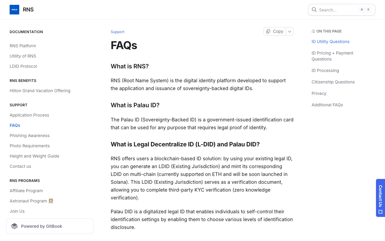 Screenshot of the RNS documentation FAQs page, answering that RNS is the digital identity platform developed to support the application and issuance of sovereignty-backed digital IDs, and that the Palau ID is a government-issued identification card that can be used for any purpose that requires legal proof of identity