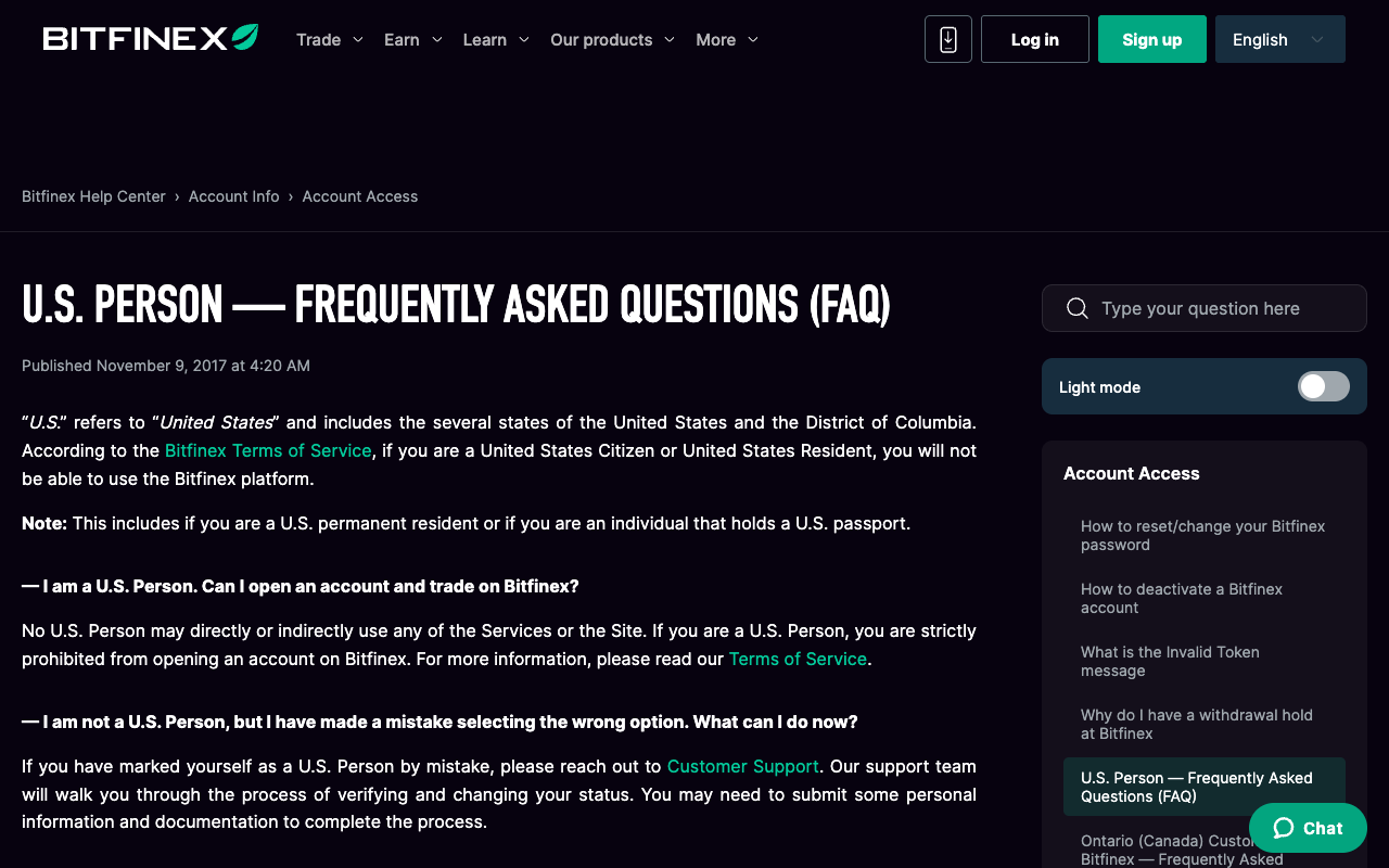 Screenshot of the Bitfinex help centre page U.S. Person Frequently Asked Questions, stating that according to the Bitfinex Terms of Service a United States Citizen or United States Resident will not be able to use the Bitfinex platform, noting that this includes a U.S. permanent resident or an individual holding a U.S. passport, and answering that no U.S. Person may directly or indirectly use any of the Services or the Site