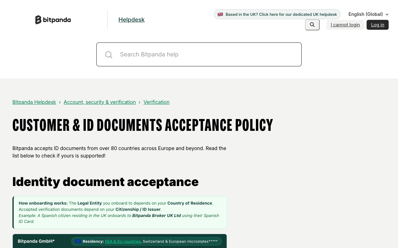 Screenshot of Bitpanda's Customer and ID documents acceptance policy page, with the How onboarding works box stating that the legal entity you onboard to depends on your country of residence while accepted verification documents depend on your citizenship or ID issuer, illustrated by a Spanish citizen residing in the UK onboarding to Bitpanda Broker UK Ltd
