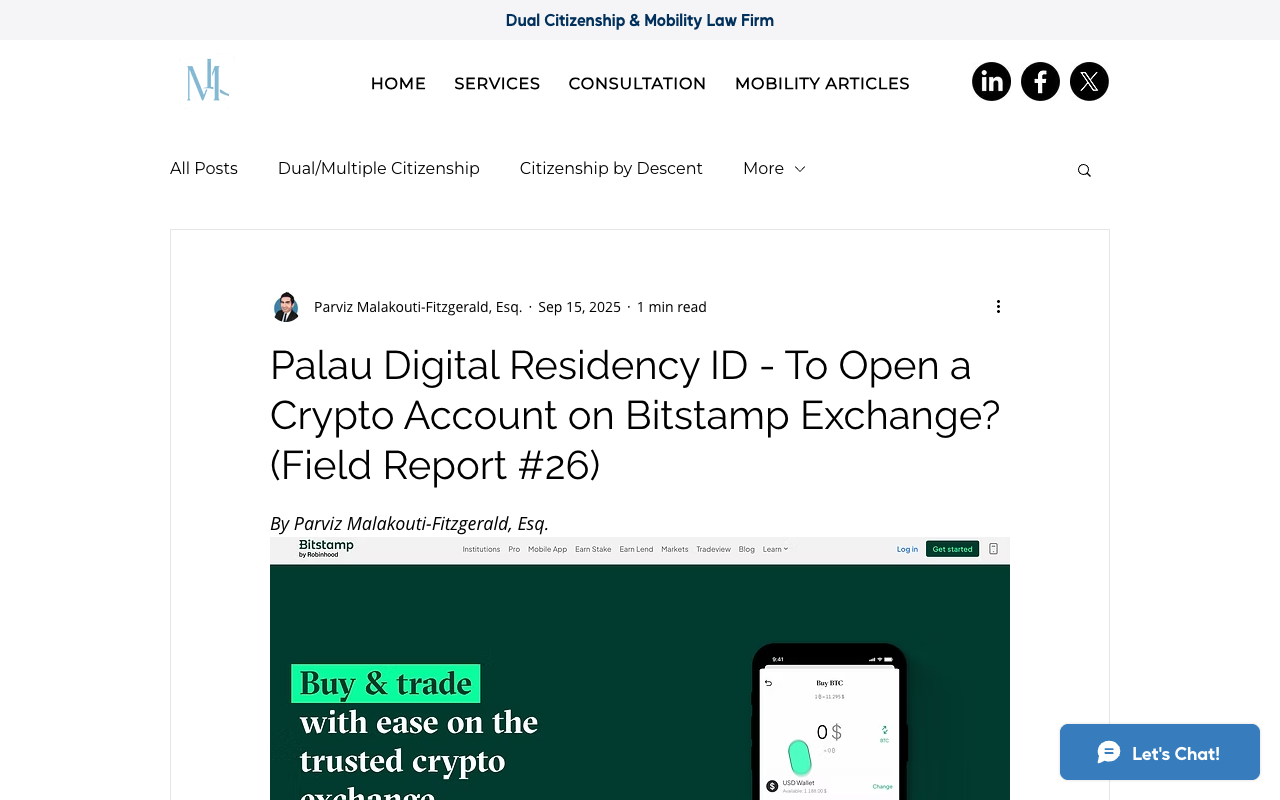 Screenshot of the Malakouti Law field report headed Palau Digital Residency ID - To Open a Crypto Account on Bitstamp Exchange, Field Report number 26, by Parviz Malakouti-Fitzgerald Esq, the single published account this page's evidence rests on