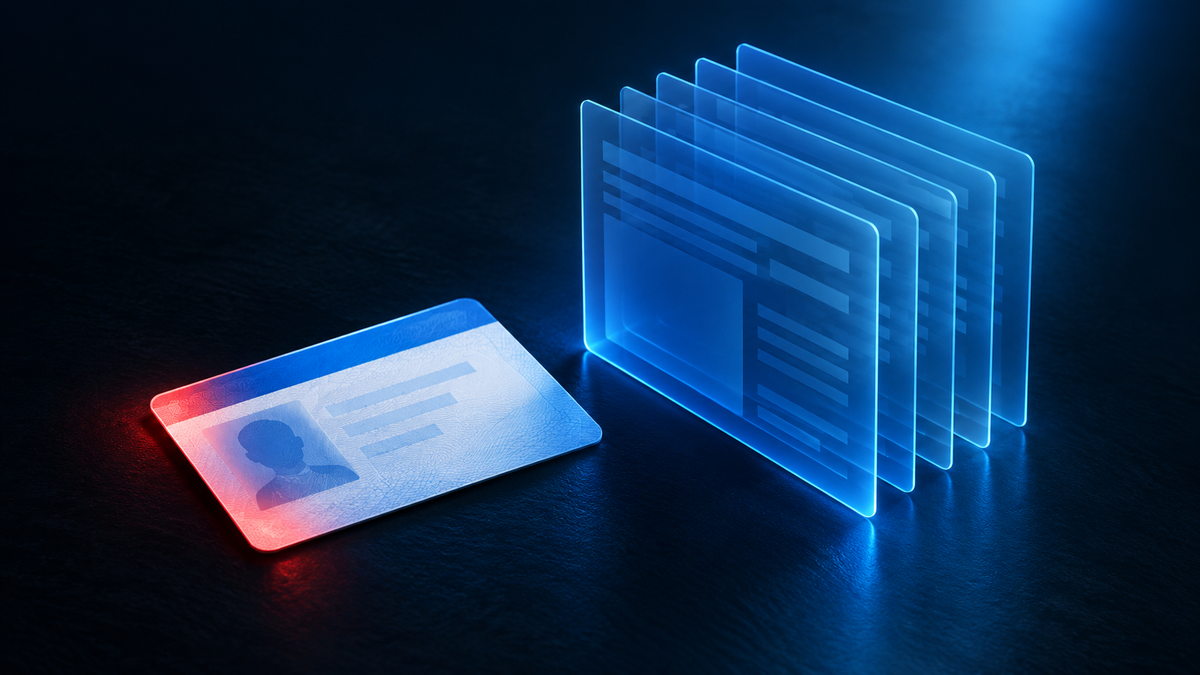 A blank blue and white national identity card lying on a dark desk with a red glow across one corner, beside a fanned stack of seven glowing blue translucent document frames representing the seven Bitstamp legal entities an applicant can be routed to