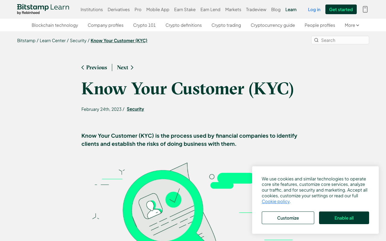Screenshot of Bitstamp's Learn Center page Know Your Customer KYC, dated 24 February 2023, describing KYC as the process used by financial companies to identify clients and establish the risks of doing business with them