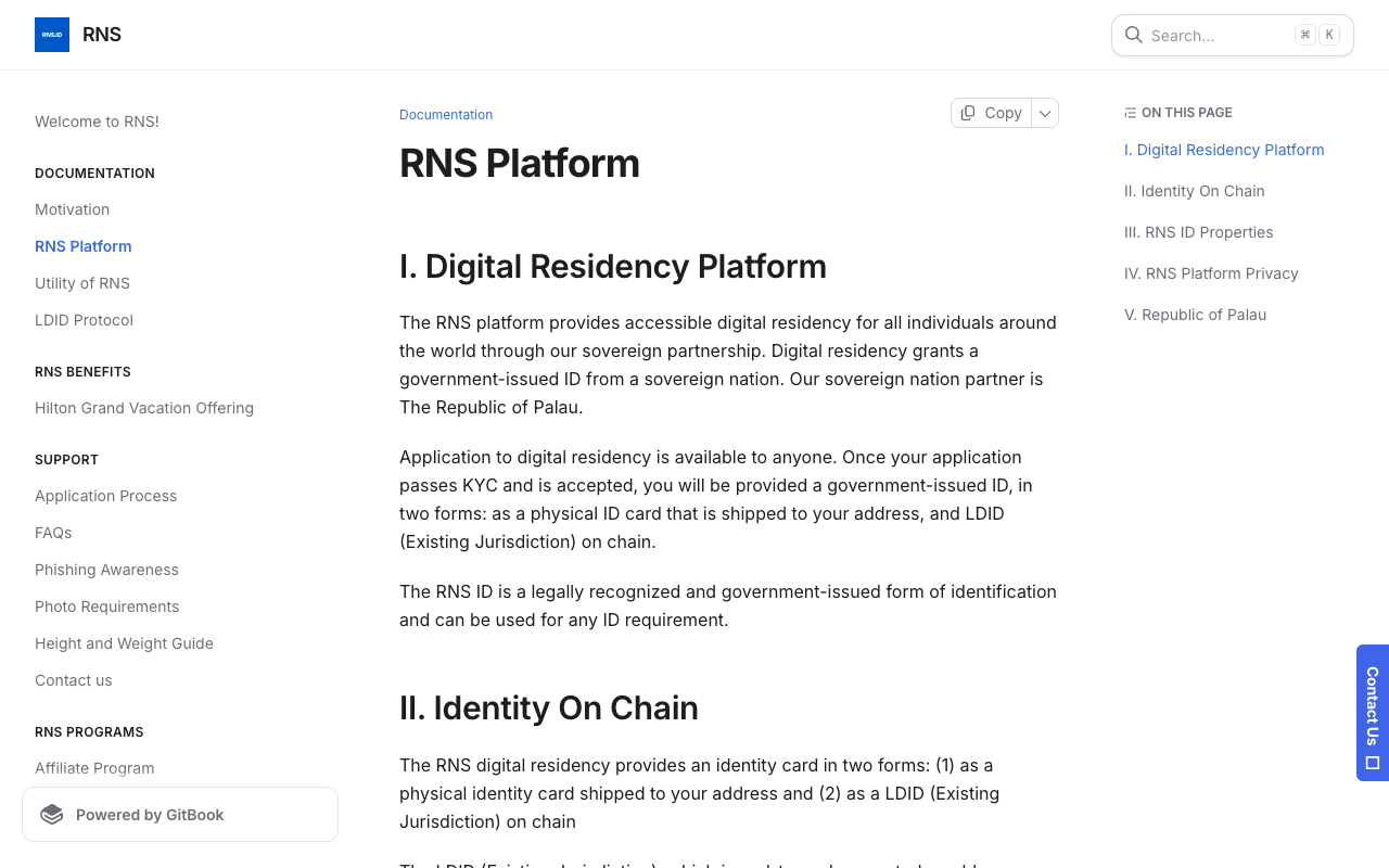 Screenshot of the RNS platform documentation describing the digital residency platform, stating that its sovereign nation partner is The Republic of Palau and that the RNS ID is a legally recognized and government-issued form of identification that can be used for any ID requirement