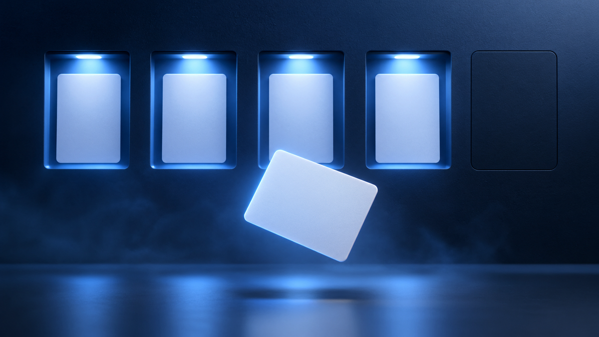 Five card-shaped slots cut into a dark navy wall, four lit from within and holding blank cards, the fifth sealed with no opening at all, while a single blank card floats in front with nowhere to go