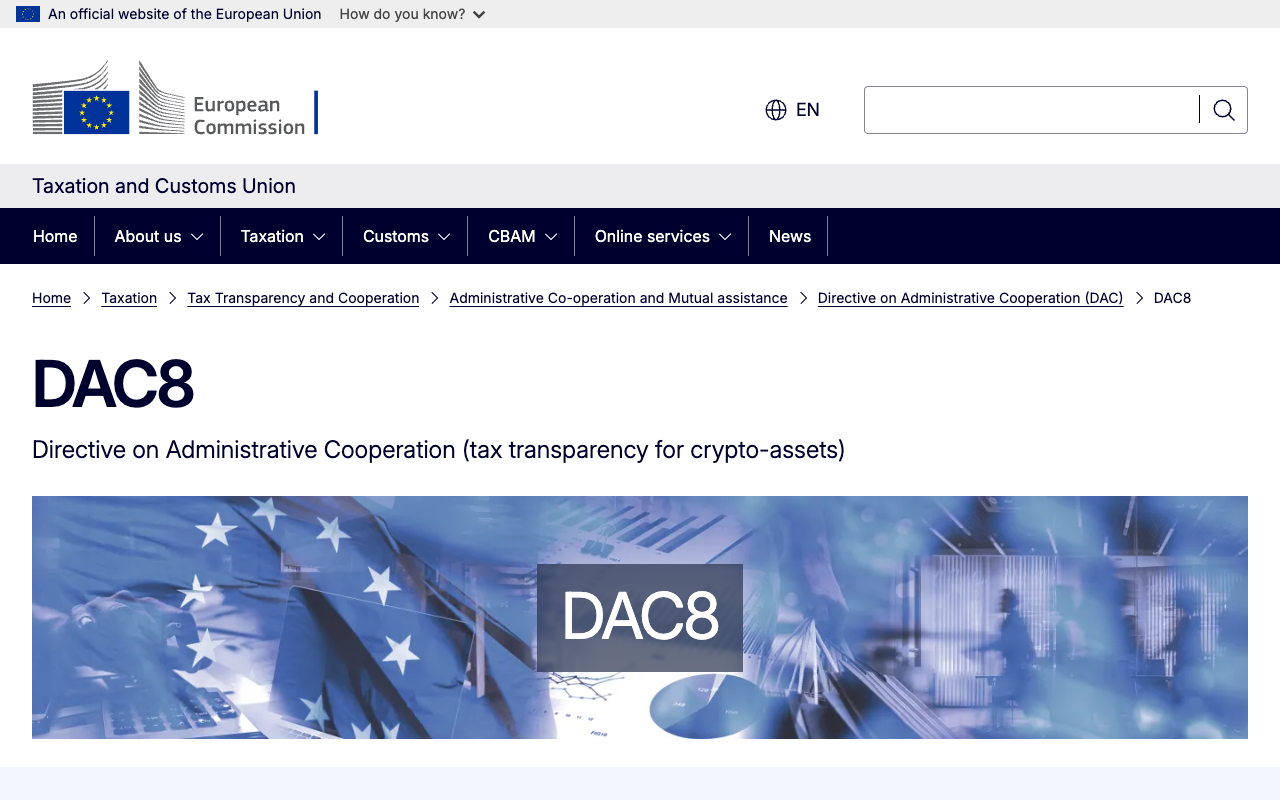 The European Commission DAC8 page, the directive implementing CARF across the European Union