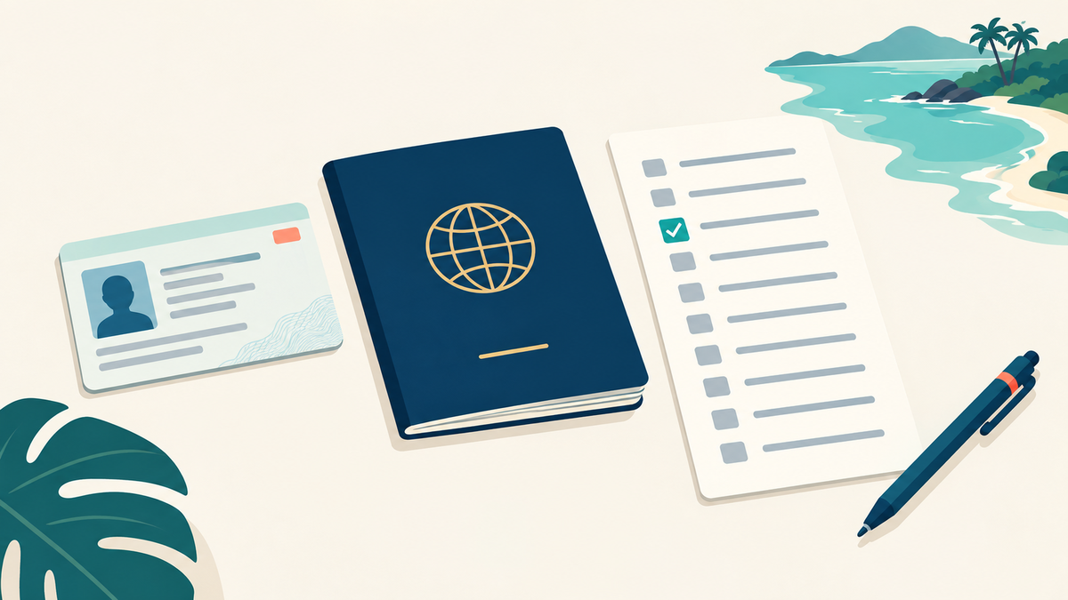 Flat editorial illustration of a national identity card and a navy passport laid beside a long checklist where a single row is ticked in teal, with a turquoise island coastline in the corner