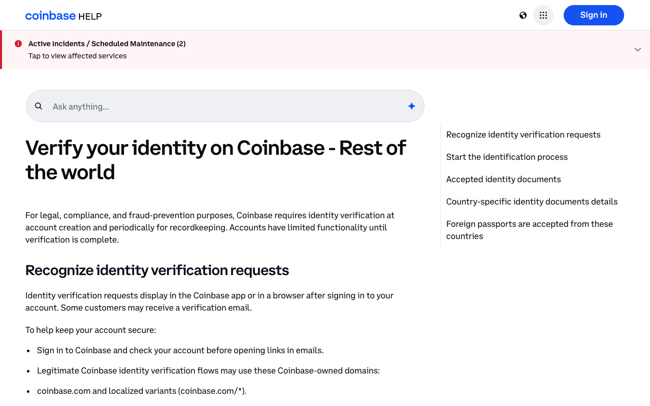 Coinbase Help page headed Verify your identity on Coinbase, Rest of the world, with a contents list on the right including accepted identity documents, country-specific identity document details, and foreign passports are accepted from these countries