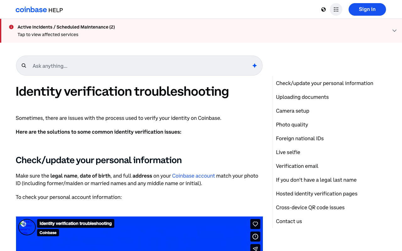 Coinbase Help page headed Identity verification troubleshooting, with a contents list on the right naming Foreign national IDs as its own section alongside uploading documents, camera setup, photo quality and live selfie