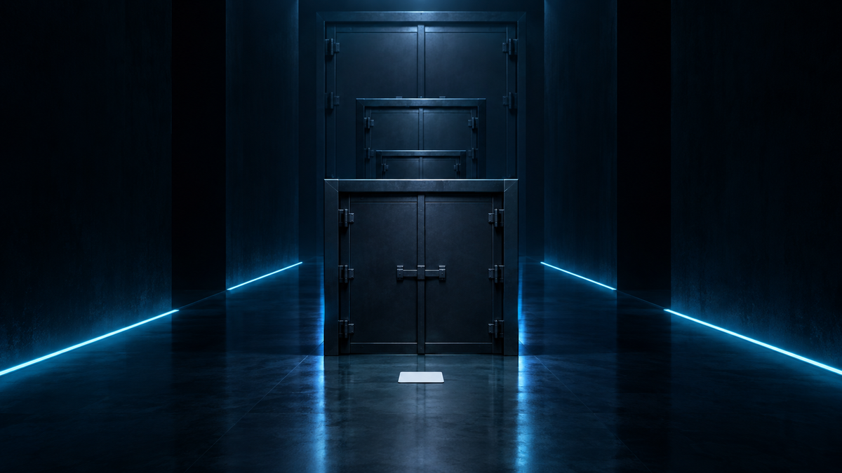Four heavy steel double doors set one behind another down a dark corridor lit by thin cyan floor lines, each door larger and heavier than the one in front of it, all of them shut, with a single small blank white card lying on the floor before the nearest one