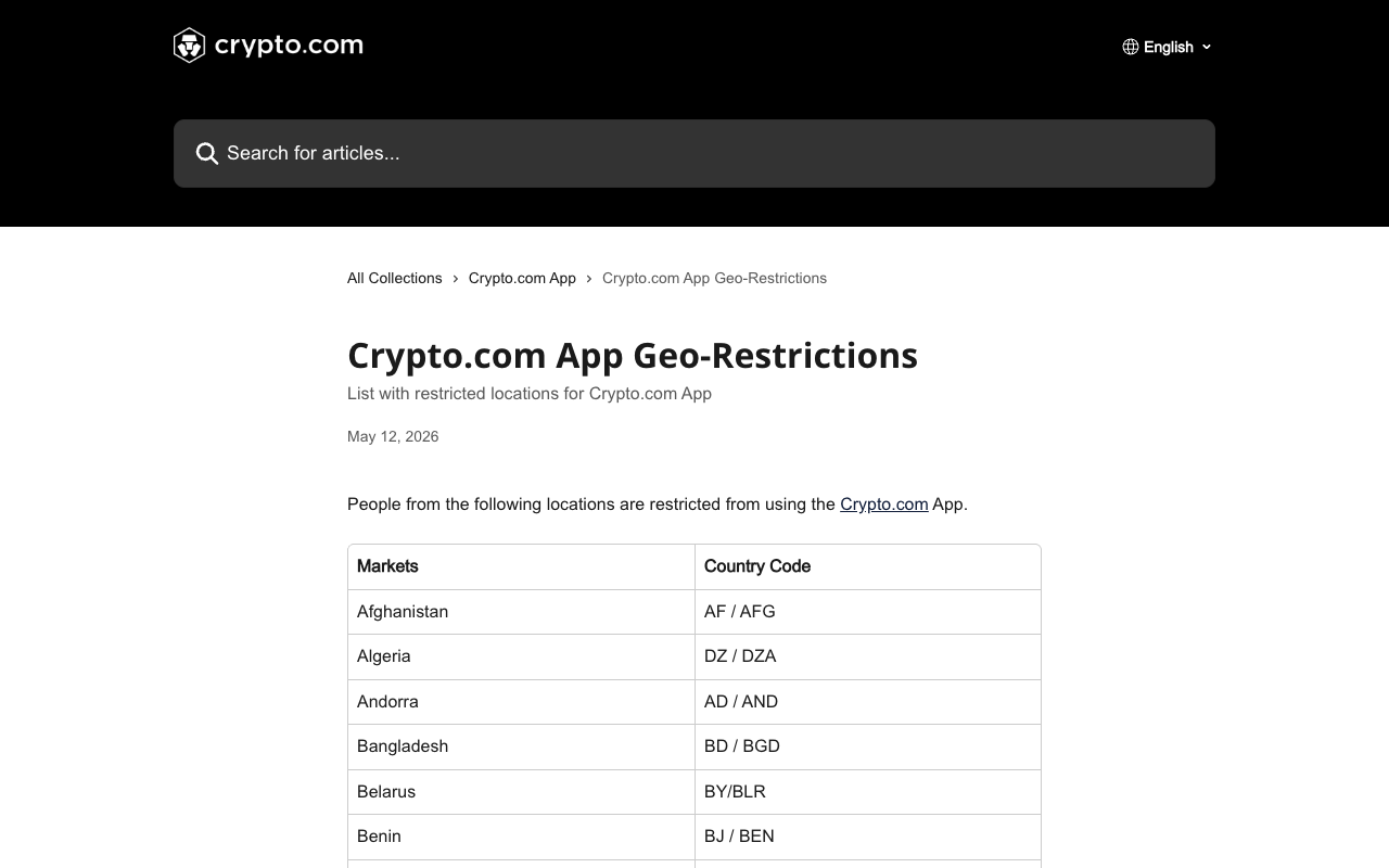 Screenshot of the Crypto.com App Geo-Restrictions help article stating that people from the following locations are restricted from using the Crypto.com App, above a table of markets and country codes