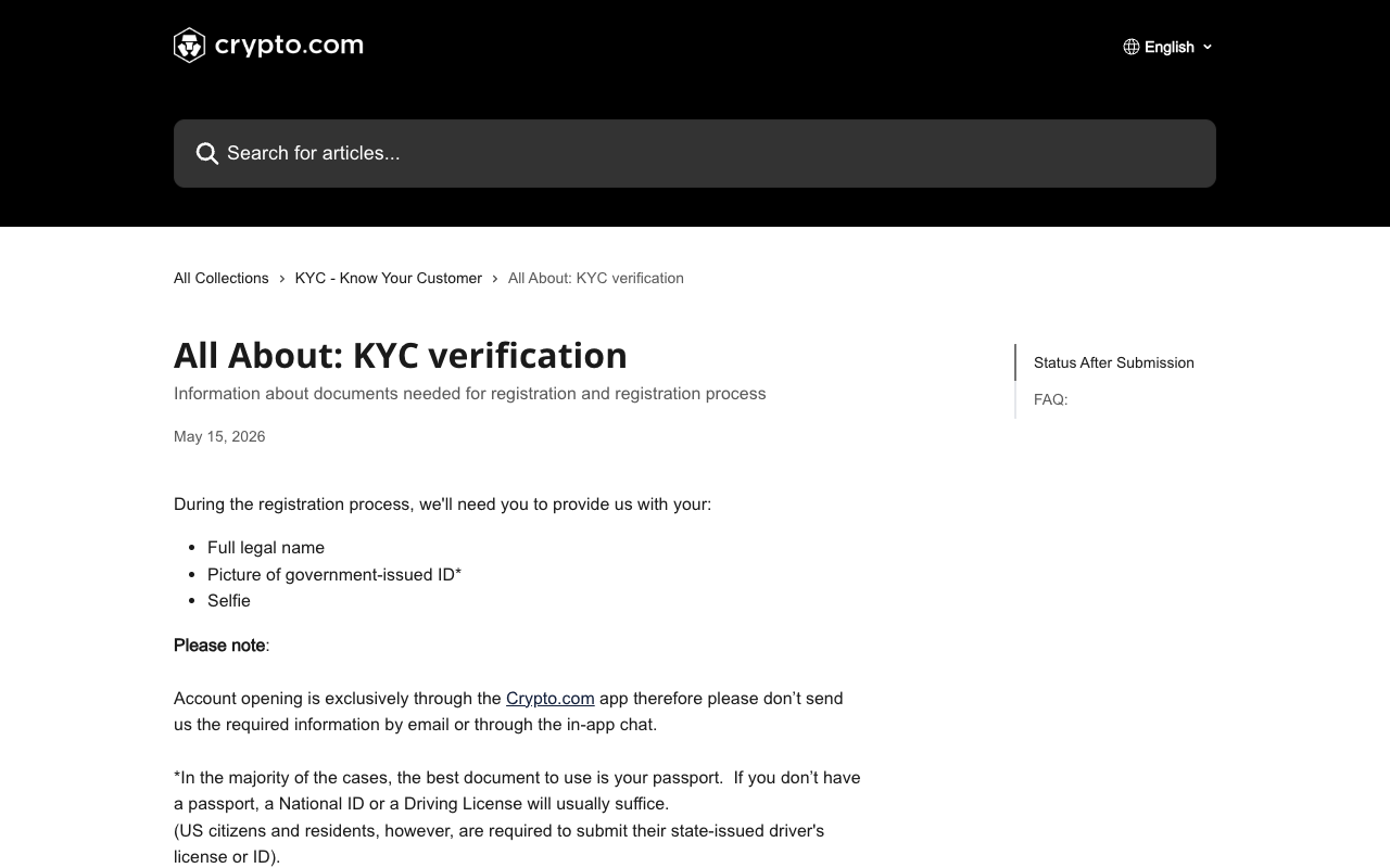 Screenshot of the Crypto.com All About KYC verification help article dated May 15 2026, showing the footnote that a passport is the best document and that a National ID or Driving License will usually suffice