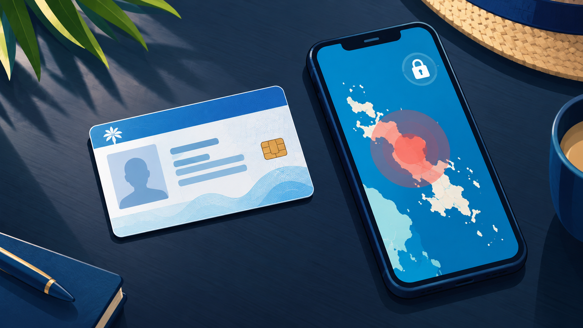 A blank blue and white national identity card on a dark desk beside a phone showing a region map with a red restriction overlay and a padlock, representing a Palau ID against a geo-restricted exchange