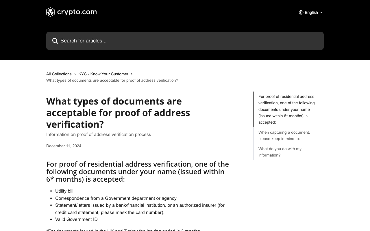 Screenshot of the Crypto.com proof of address help article dated December 11 2024, listing utility bill, government correspondence, bank or insurer statement and valid government ID as accepted documents issued within six months