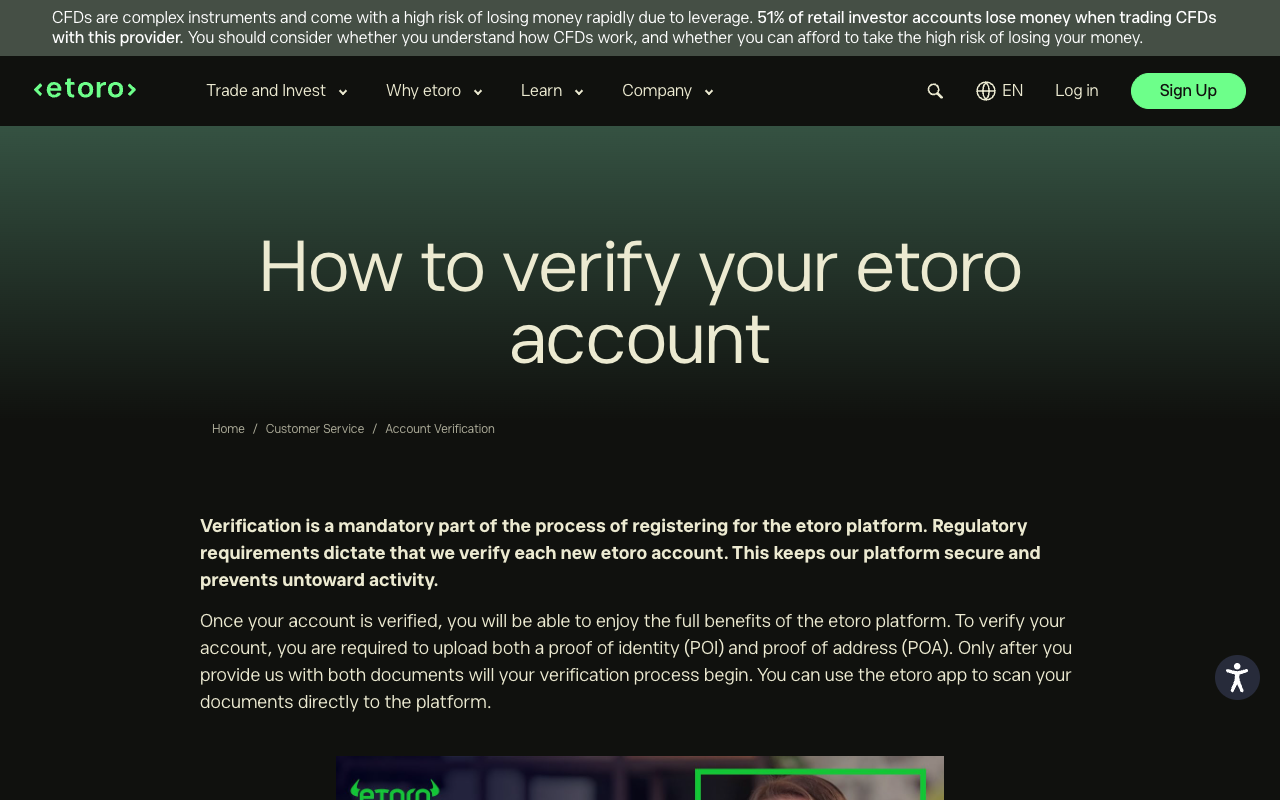 Screenshot of eToro's How to verify your eToro account page stating that verification requires uploading both a proof of identity and a proof of address before the process begins