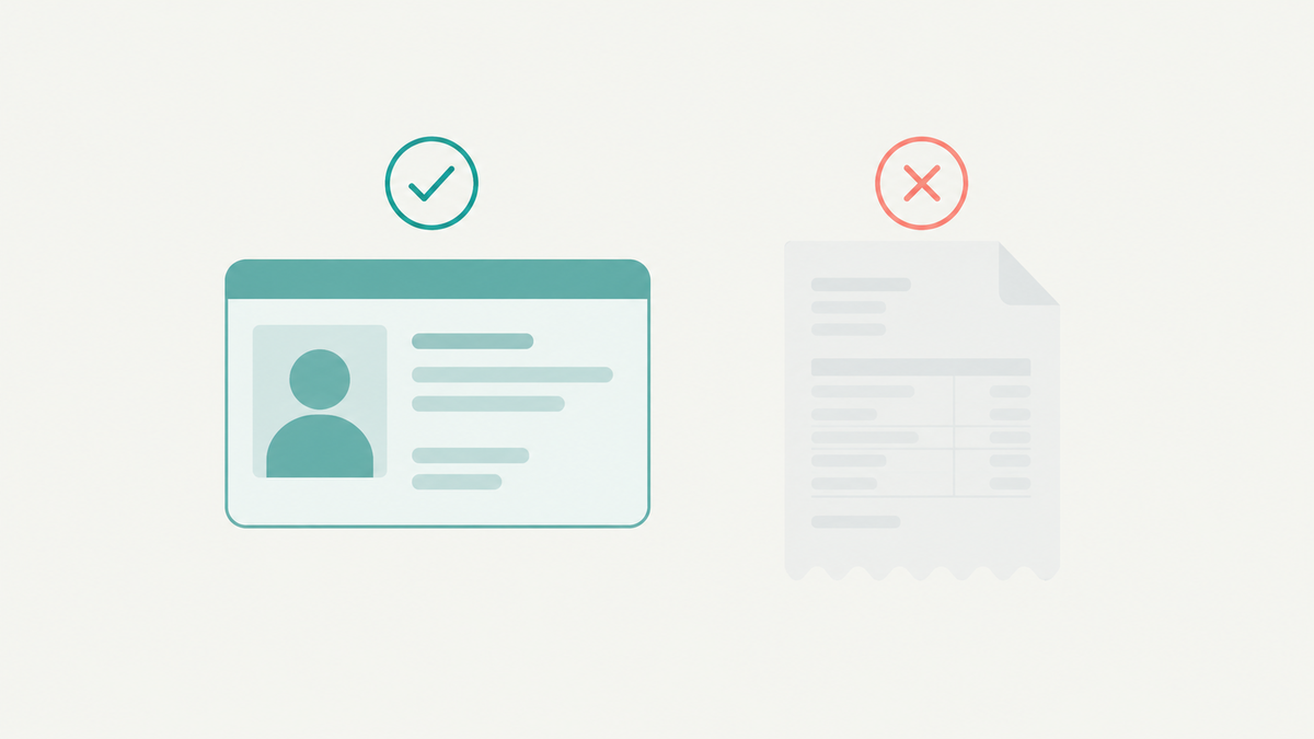 Flat illustration of a teal identity card with a portrait placeholder and blank field lines carrying a teal tick, beside a faded translucent utility bill carrying a coral cross