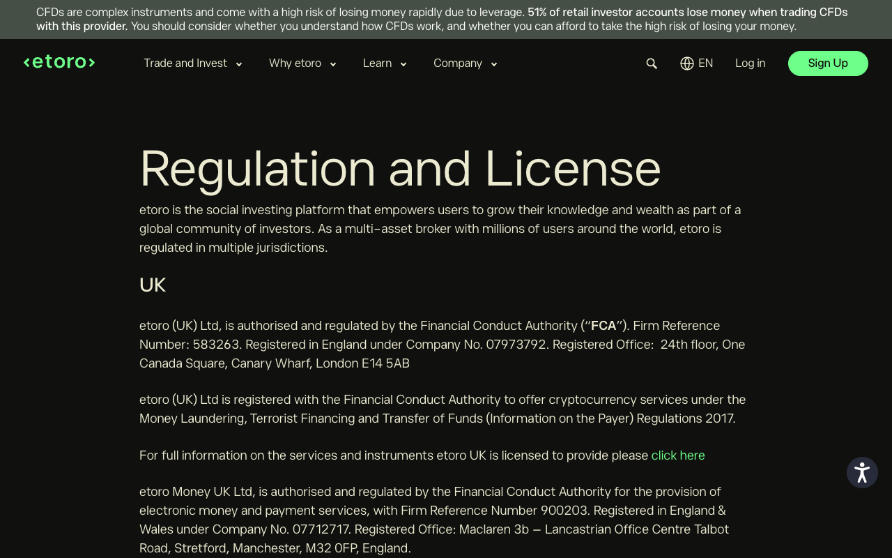Screenshot of eToro's Regulation and License page naming eToro UK Ltd as authorised and regulated by the Financial Conduct Authority with Firm Reference Number 583263