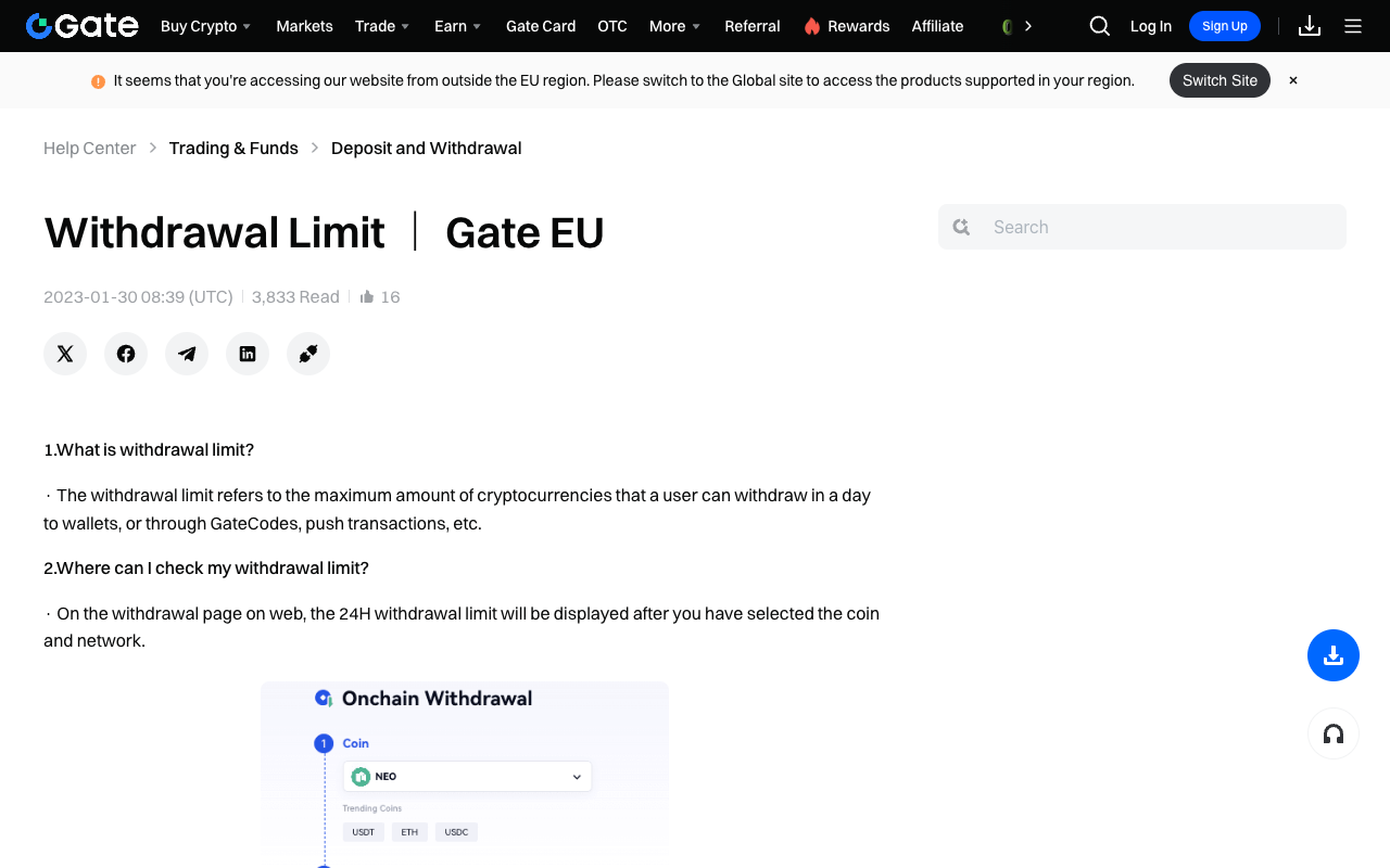 Screenshot of the Gate EU Withdrawal Limit help page explaining that the withdrawal limit is the maximum amount a user can withdraw in a day to wallets or through GateCodes and push transactions
