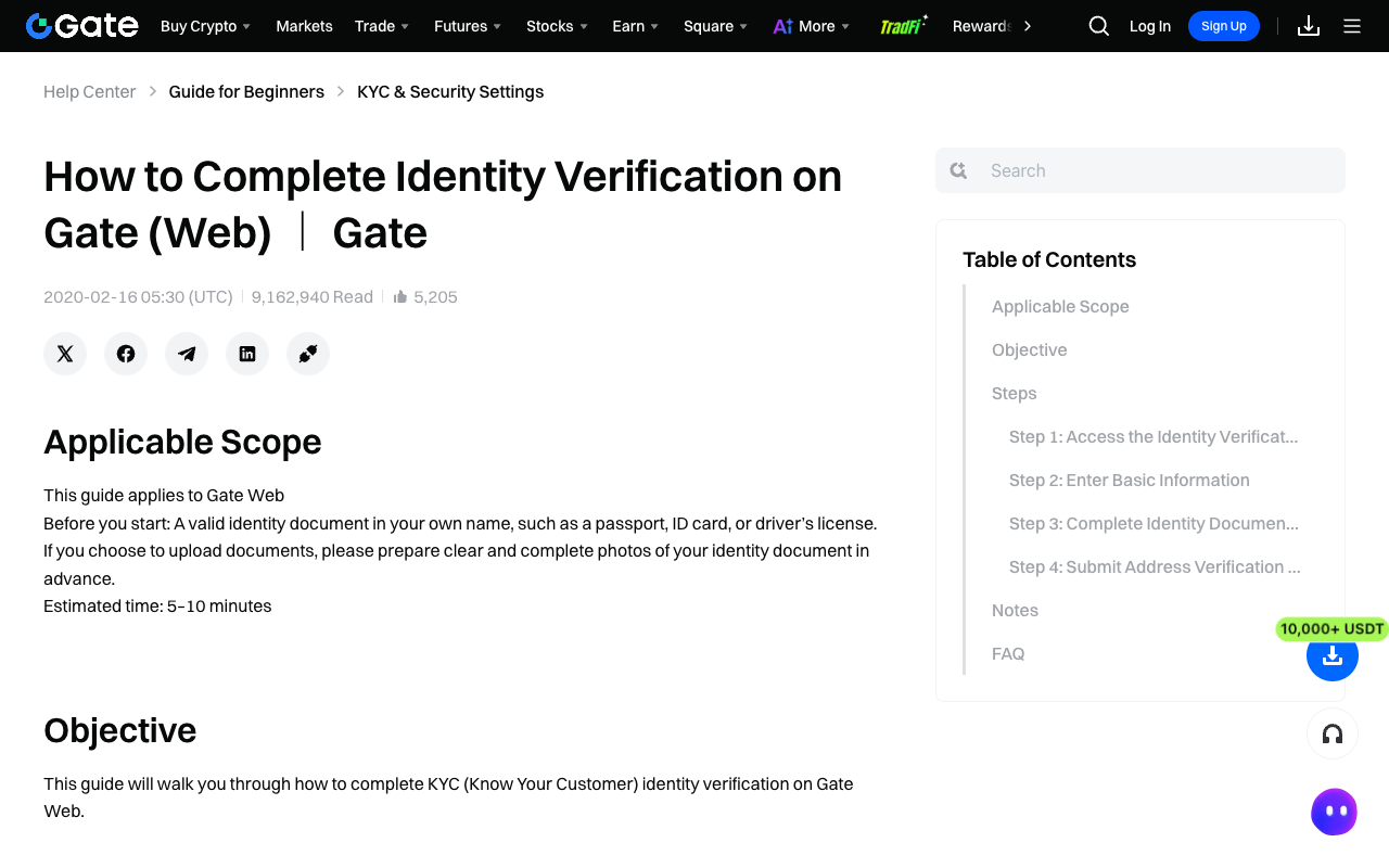 Screenshot of the Gate help centre page How to Complete Identity Verification on Gate Web, stating that you need a valid identity document in your own name such as a passport, ID card or driver's license, with a table of contents listing Step 4 Submit Address Verification