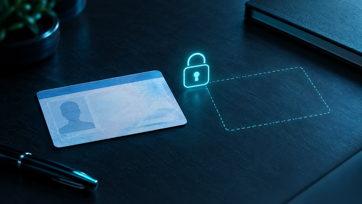 A blank blue and white national identity card on a dark desk beside an empty dashed rectangle where an address block would be, with a glowing teal padlock outline between them