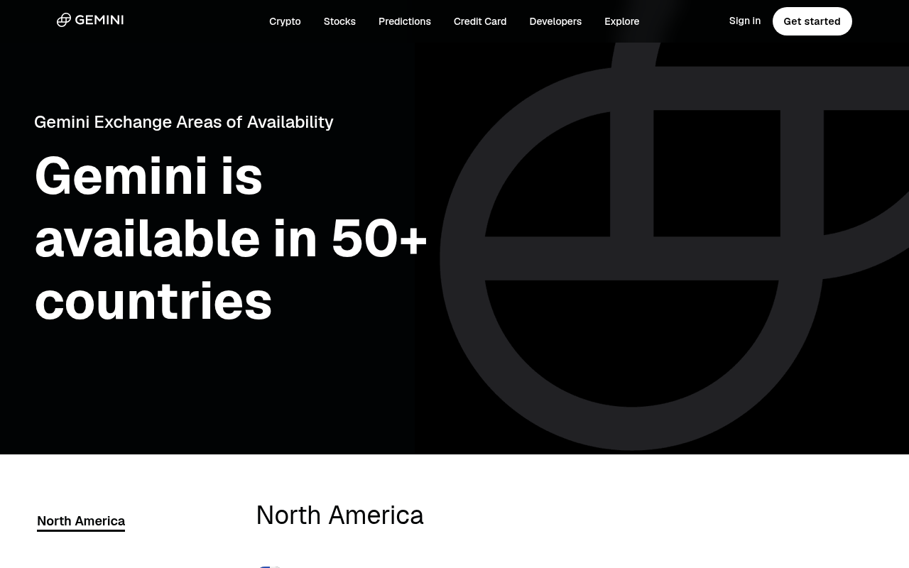 Screenshot of the Gemini Exchange Areas of Availability page listing the jurisdictions in which Gemini operates, region by region
