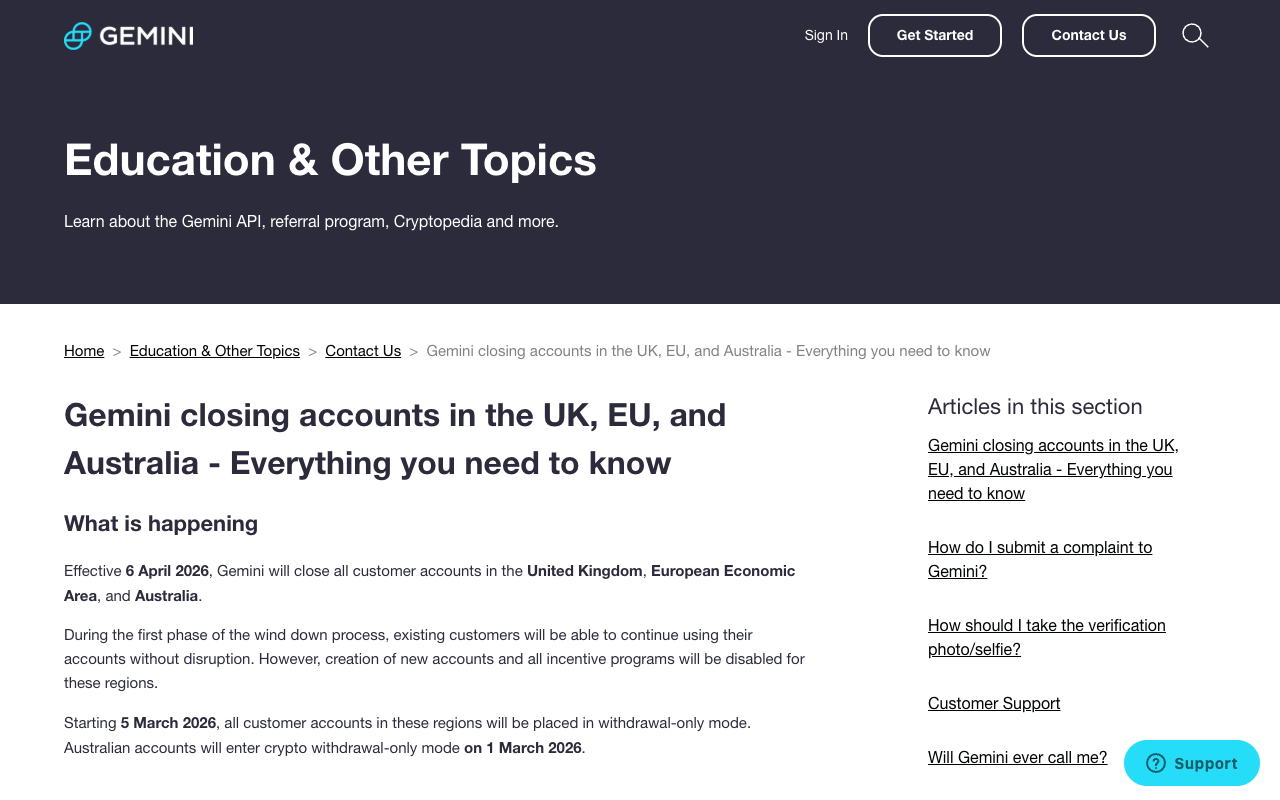 Screenshot of the Gemini help article titled Gemini closing accounts in the UK, EU, and Australia, Everything you need to know