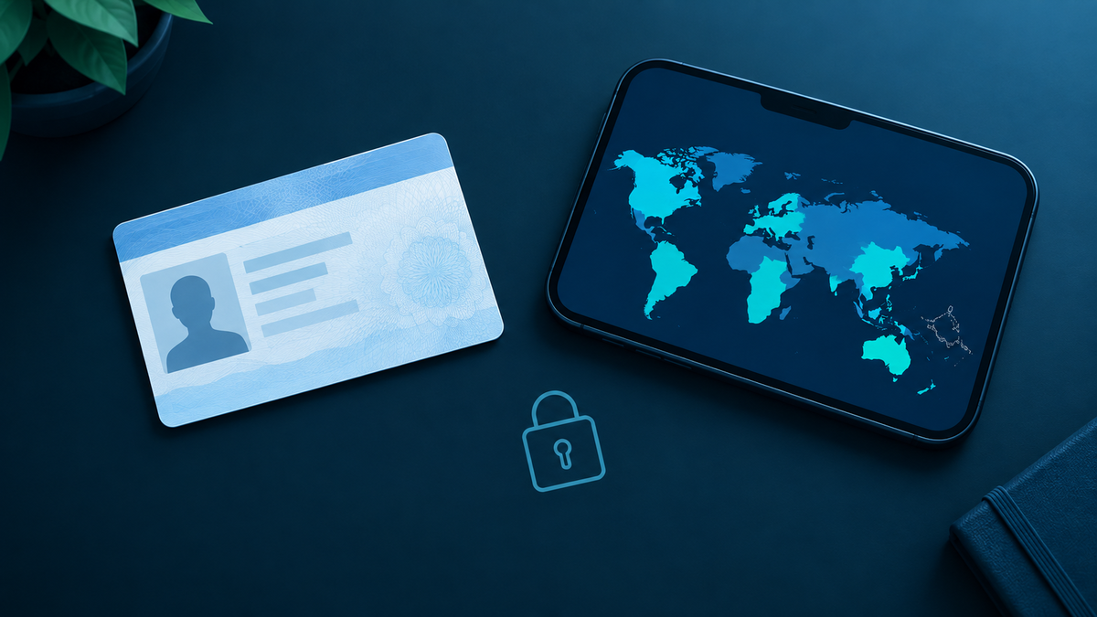 A blank blue and white national identity card on a dark desk beside a phone showing a world map with several regions highlighted in teal and one small Pacific region left unhighlighted, with a padlock outline between them