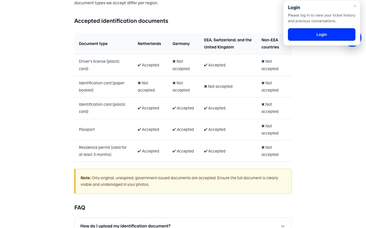Screenshot of Bitvavo's help-centre article on accepted identification documents, showing the full table with Netherlands, Germany, EEA Switzerland and United Kingdom, and Non-EEA countries columns, every cell in the Non-EEA column marked Not accepted