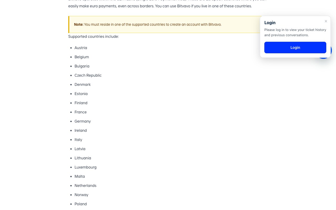 Screenshot of Bitvavo's help-centre article listing supported countries alphabetically from Austria to Poland, with a note reading that you must reside in one of the supported countries to create an account with Bitvavo, and no entry for Palau between Norway and Poland