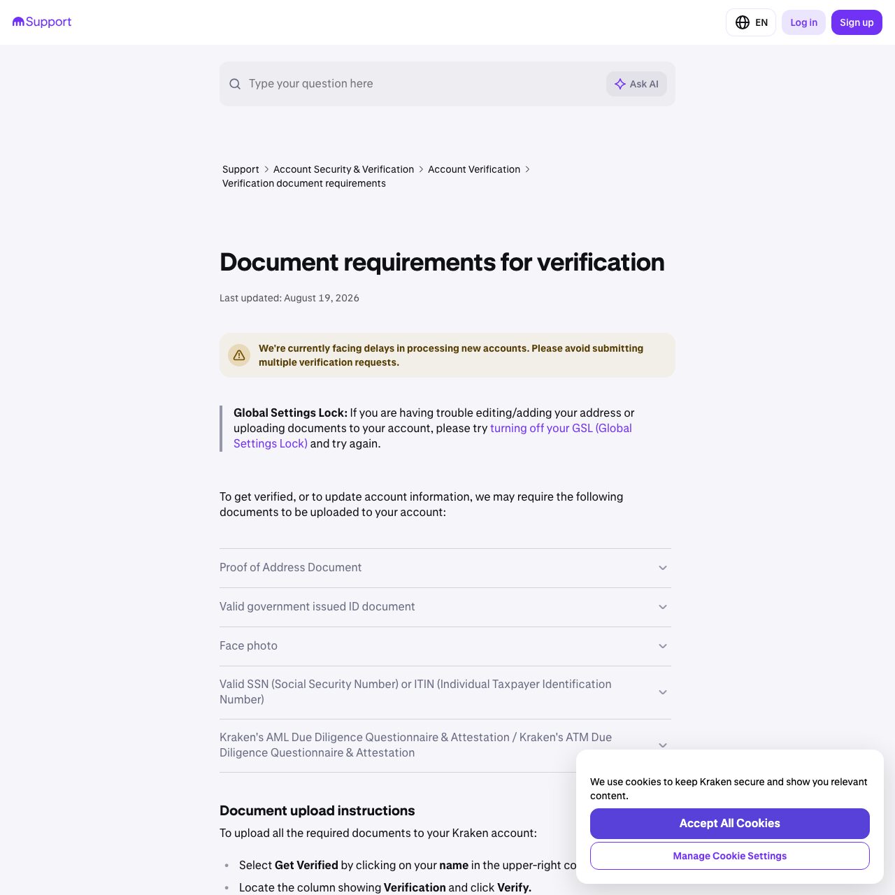 Screenshot of the official Kraken document requirements for verification support page listing proof of address and government-issued ID sections