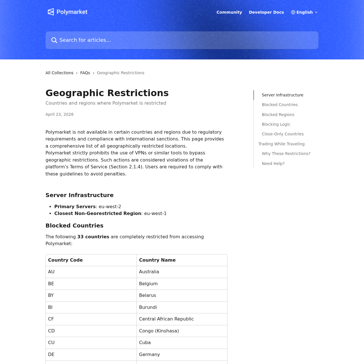 Jina screenshot of Polymarket geographic restrictions documentation with VPN bypass warning