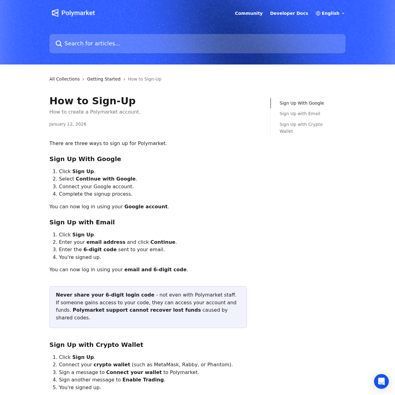 Jina screenshot of Polymarket signup documentation showing email, Google, and crypto wallet signup methods