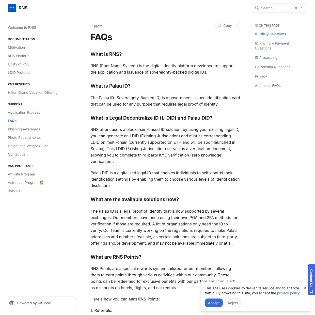 Screenshot of the official RNS FAQs page that states only the physical Palau ID card can be used for KYC