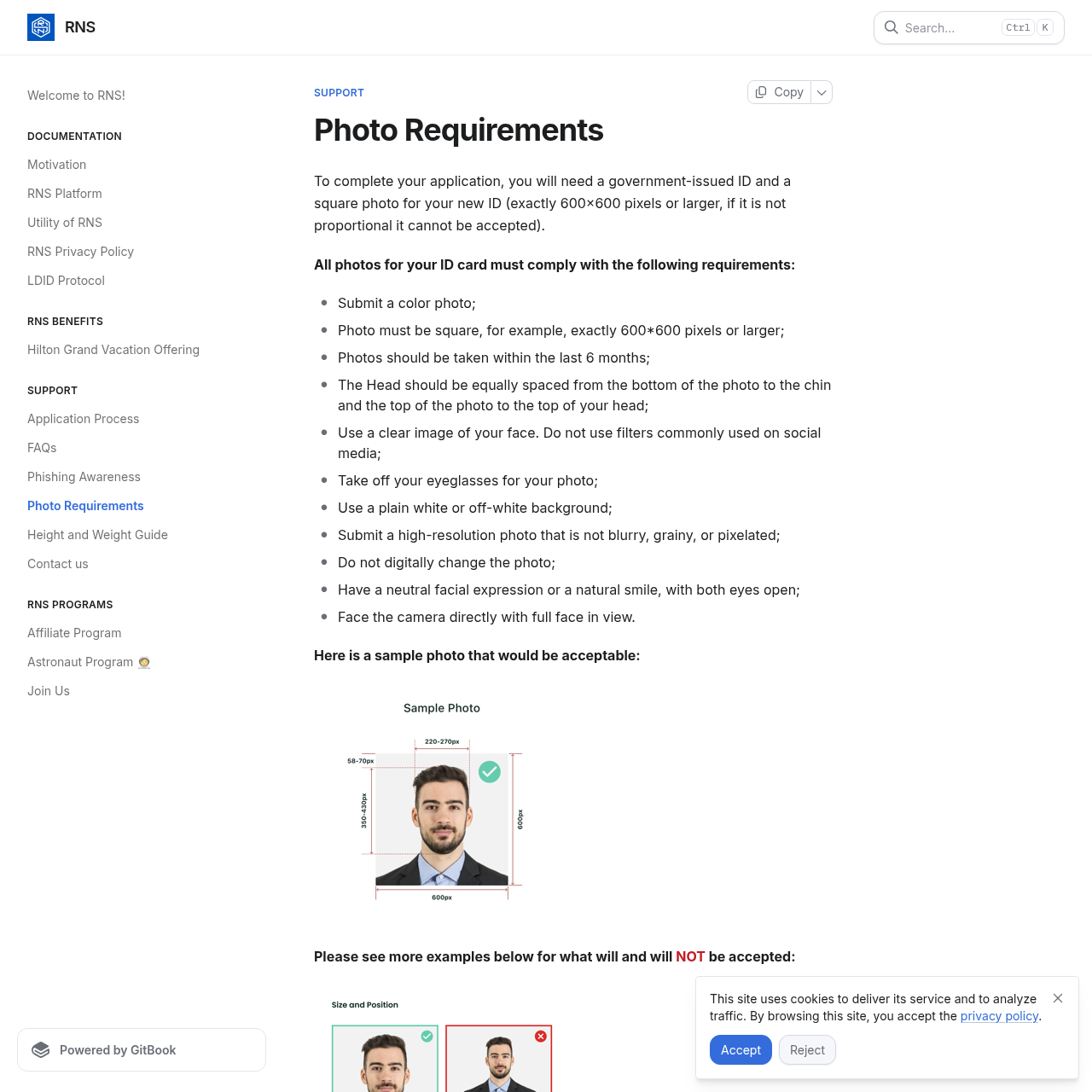 Jina screenshot of the official RNS photo requirements page showing the 600x600 photo rules