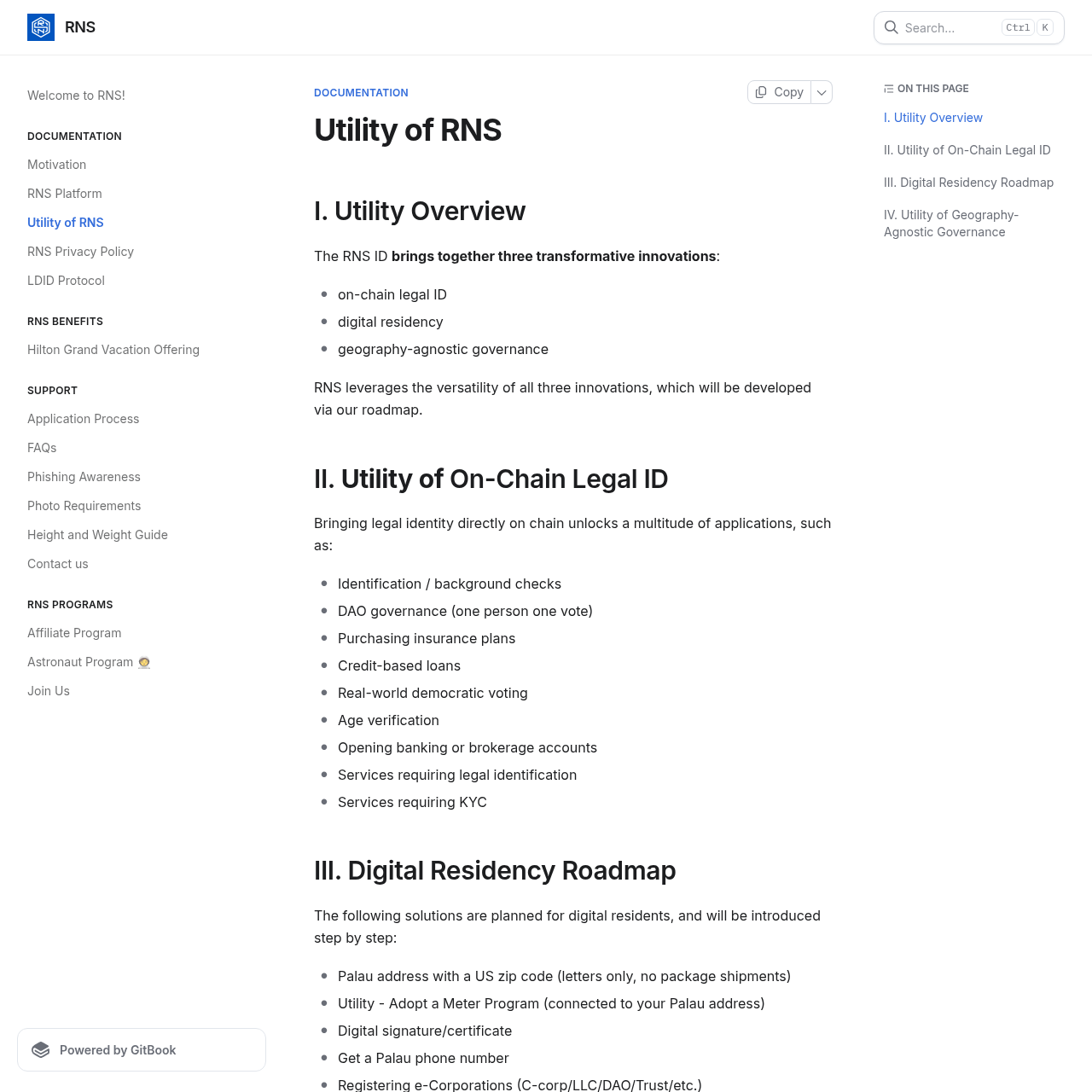 Jina screenshot of the official RNS utility documentation relevant to banking and digital resident services