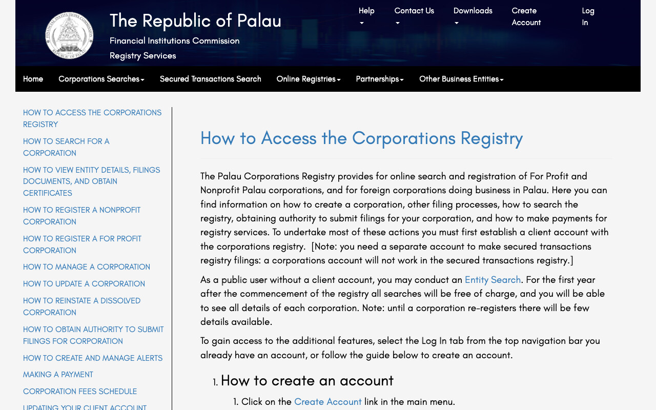 Screenshot of the Republic of Palau Financial Institutions Commission Registry Services page headed How to Access the Corporations Registry, describing online search and registration of for-profit and nonprofit Palau corporations and of foreign corporations doing business in Palau, with a left-hand index listing how to register a for-profit corporation, how to manage, update and reinstate a corporation, and the corporation fees schedule
