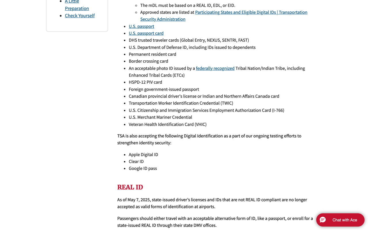 Screenshot of the TSA acceptable identification list showing US passport, US passport card, DHS trusted traveler cards, Department of Defense ID, permanent resident card, border crossing card, Tribal Nation photo ID, HSPD-12 PIV card, Foreign government-issued passport, Canadian provincial driver's license, TWIC, I-766, Merchant Mariner Credential and Veteran Health Identification Card, with no entry for a foreign identity or residency card, above the REAL ID note that non-compliant state licences stopped being accepted on 7 May 2025