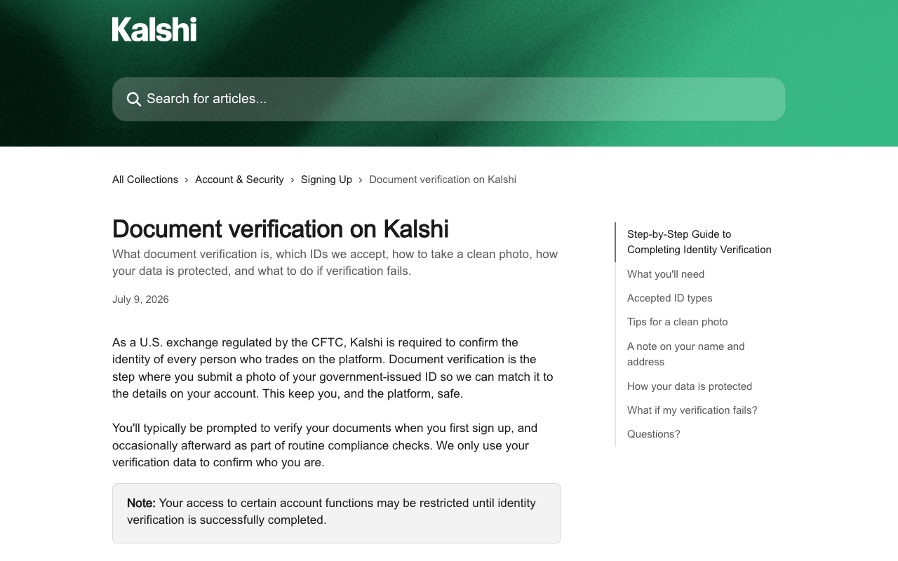 Kalshi Help Center page titled Document verification on Kalshi, the published source naming a valid driver's license or a valid passport as the two accepted documents