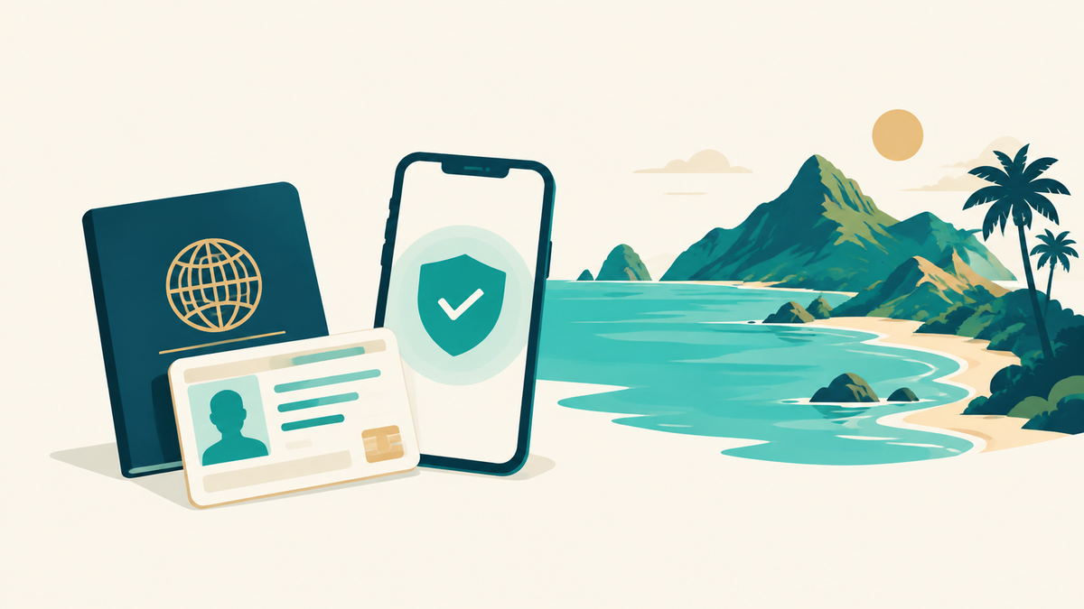 Flat editorial illustration of a navy passport, a national identity card and a phone showing a green verification shield, beside a turquoise tropical island coastline