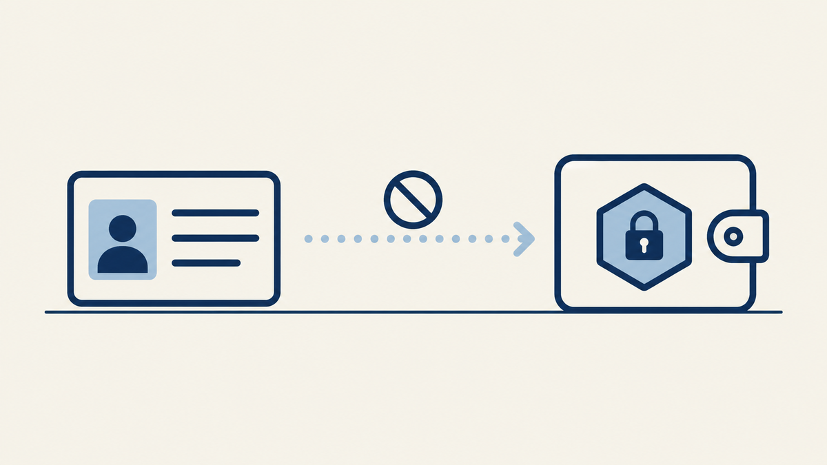 Flat-vector illustration on cream: on the left a navy outline of a physical identity card with a photo panel and three ruled lines, on the right a navy hexagonal token carrying a padlock sitting inside a wallet outline, and between them a pale blue dotted arrow crossed by a navy circle with a slash through it