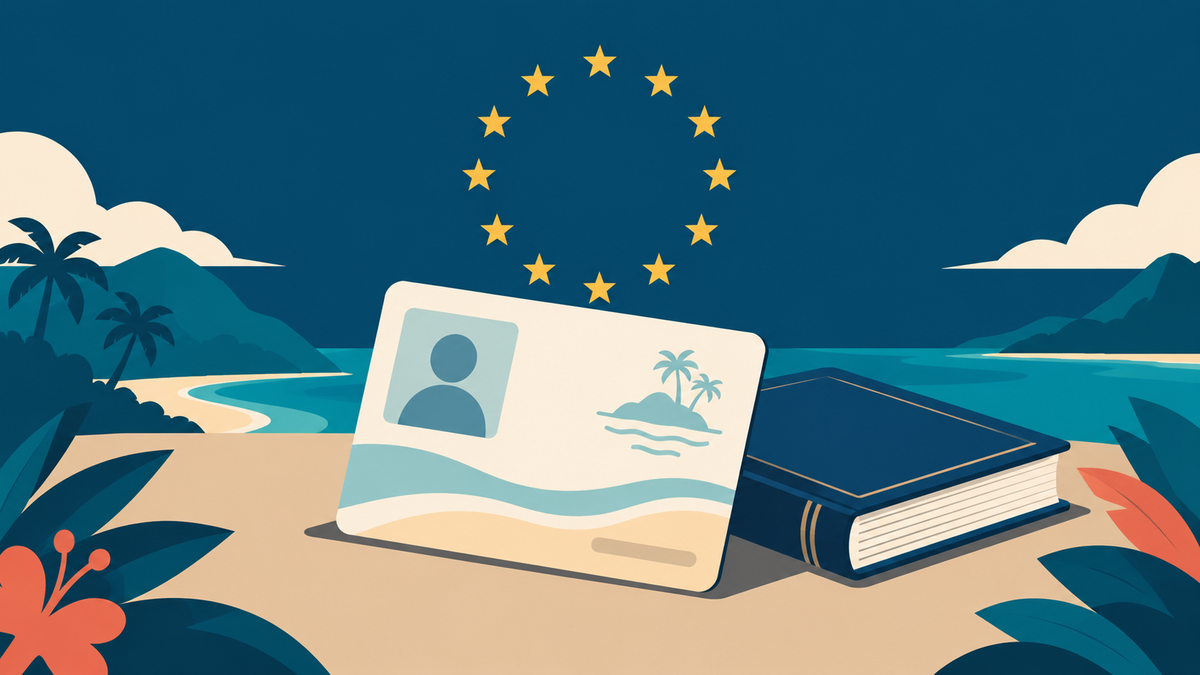 A blank identity card tilted on pale sand with a ring of twelve gold stars above it and a closed dark blue legal volume beside it, against a tropical island coastline