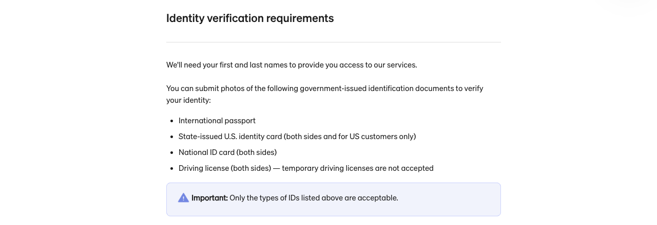 Screenshot of MoonPay's help centre identity verification requirements listing four acceptable documents: international passport, state-issued U.S. identity card, National ID card both sides, and driving license both sides, with a note that only the types of IDs listed above are acceptable
