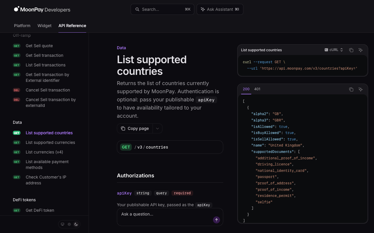 Screenshot of MoonPay's List supported countries API reference showing the GET /v3/countries endpoint and a sample response with isAllowed, isBuyAllowed, isSellAllowed and a supportedDocuments array containing driving_licence, national_identity_card, passport and residence_permit