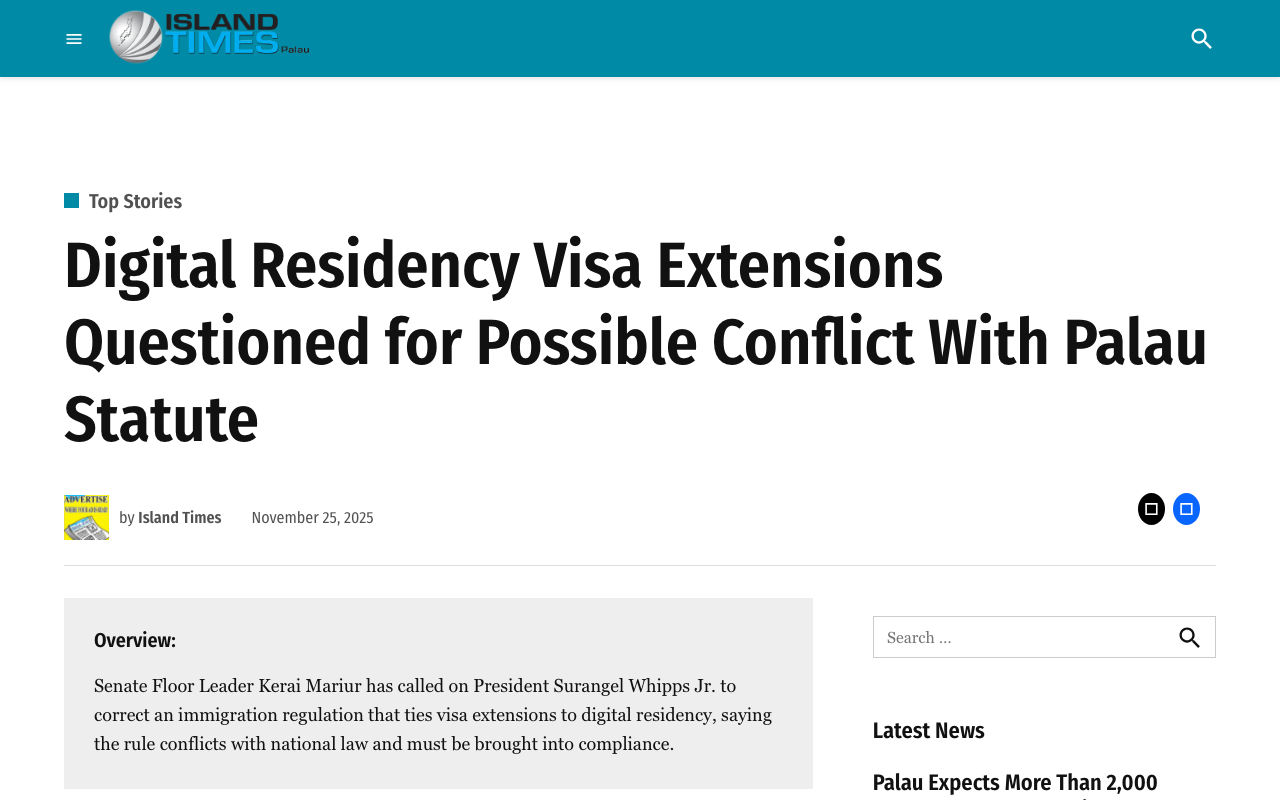 Island Times report dated 25 November 2025, headlined Digital Residency Visa Extensions Questioned for Possible Conflict With Palau Statute