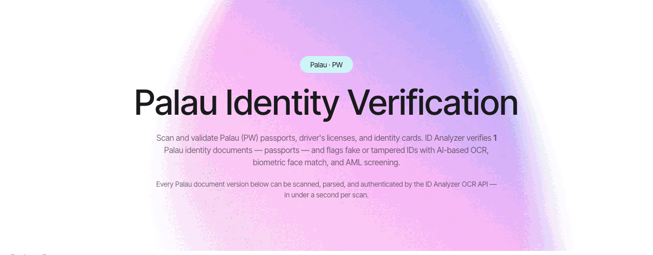 Screenshot of ID Analyzer's Palau Identity Verification page stating that ID Analyzer verifies 1 Palau identity documents, passports, above a single Palau Passport entry