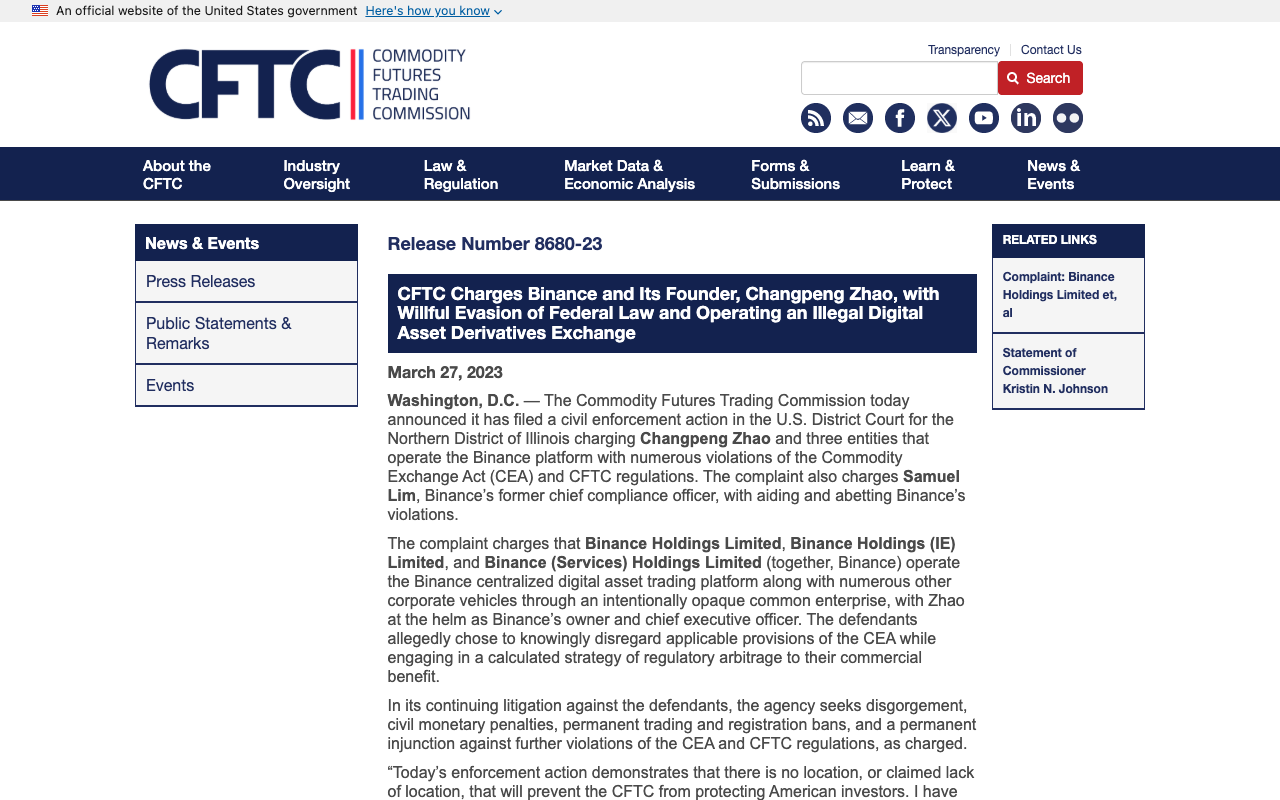 Screenshot of CFTC Release Number 8680-23, dated March 27 2023, headed CFTC Charges Binance and Its Founder, Changpeng Zhao, with Willful Evasion of Federal Law and Operating an Illegal Digital Asset Derivatives Exchange
