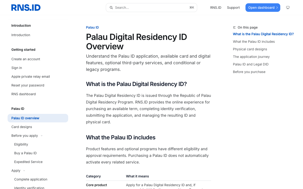 Screenshot of the RNS.ID documentation page titled Palau Digital Residency ID Overview, stating that the Palau Digital Residency ID is issued through the Republic of Palau Digital Residency Program and that purchasing a Palau ID does not automatically activate every related service