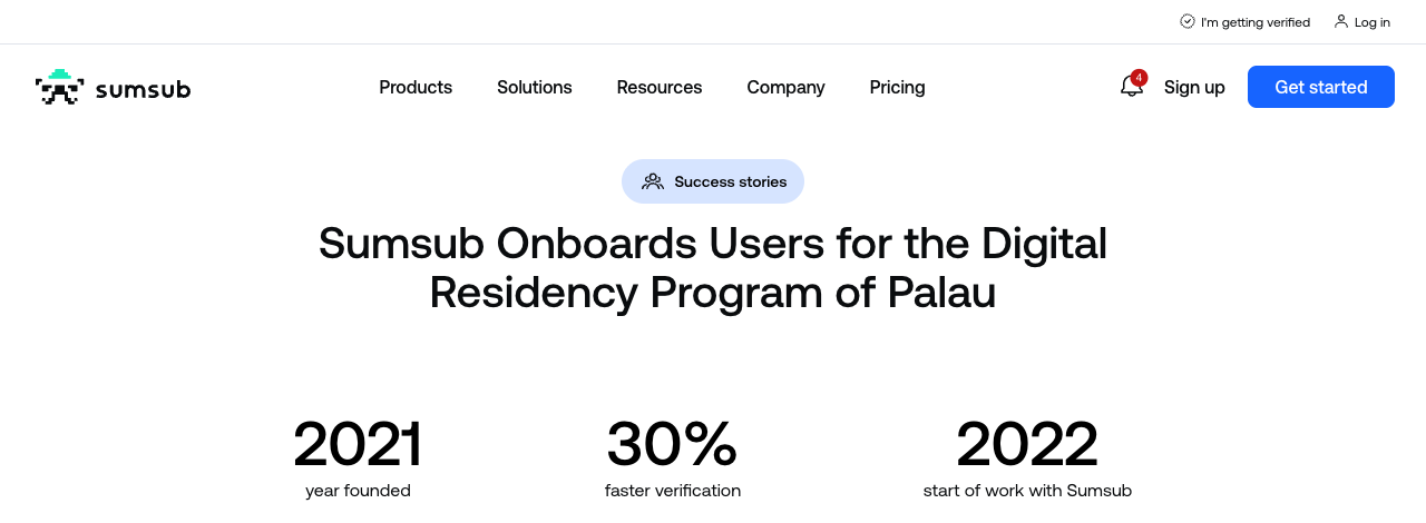 Screenshot of Sumsub's RNS customer story page, headed Sumsub Onboards Users for the Digital Residency Program of Palau, with the three figures 2021 year founded, 30 per cent faster verification and 2022 start of work with Sumsub