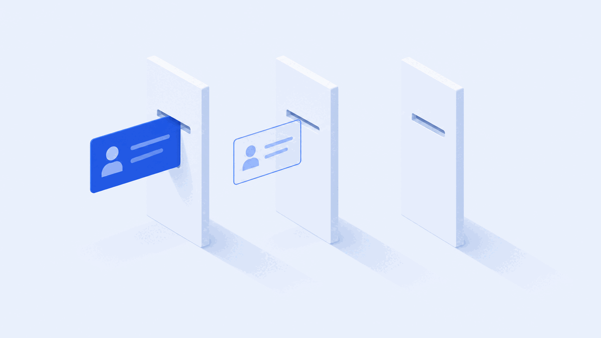 Light flat-vector illustration: three pale upright gates in a row, each with a card slot. A solid royal-blue identity card passes cleanly through the first slot, the same card is drawn as a translucent outline hovering at the second without entering it, and the third slot is empty