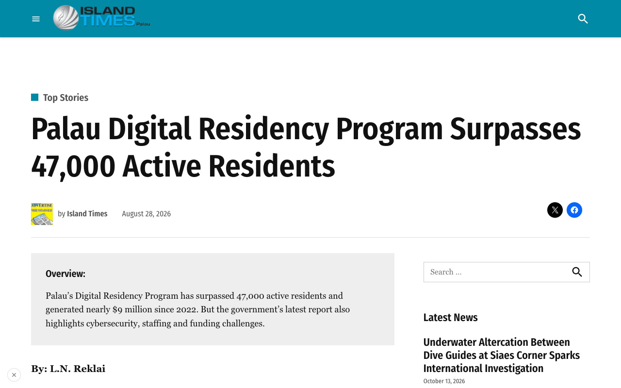 Screenshot of the Island Times article headed Palau Digital Residency Program Surpasses 47,000 Active Residents, dated August 28, 2026, whose overview box reads that the programme has surpassed 47,000 active residents and generated nearly $9 million since 2022, and that the government's latest report also highlights cybersecurity, staffing and funding challenges